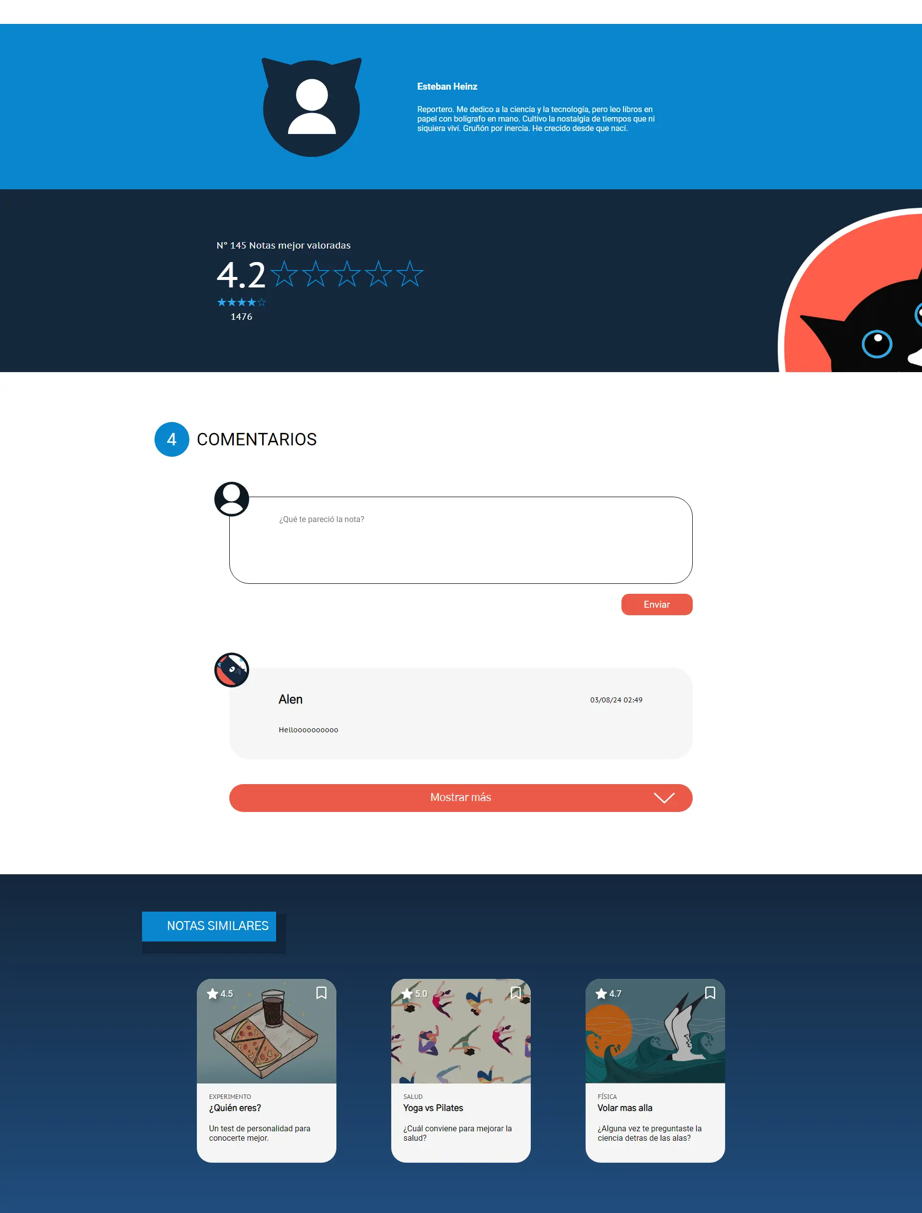 Vista del sistema de valoración y comentarios de Boxed Cat